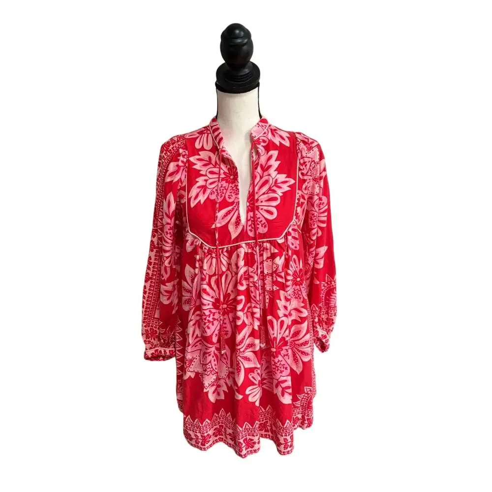 Farm Rio Women Flora Tapestry Red Long Sleeve Mini Dress Small Boho Embroidered - Picture 4 of 8